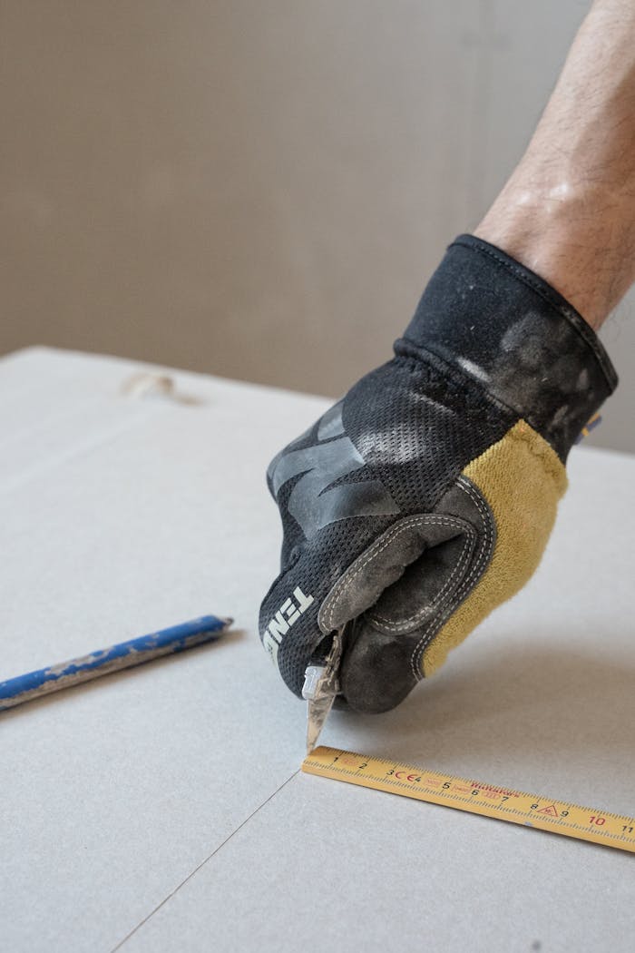 Crafting Captivating Headlines: Your awesome post title goes here A gloved hand using a cutter and ruler to cut plasterboard for construction work.
